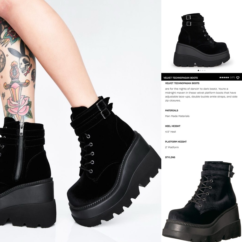 Demonia Velvet Technopagan Lace Up Black Mega Platform Chunky Boots 10 Goth Alt - Picture 16 of 16